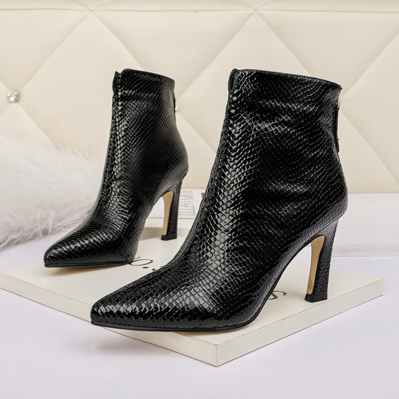 European And American Sexy Pointed Toe Martin Boots Snake Print Stiletto Heel
